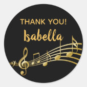 Golden Musiknoten auf elegantem schwarz Danke Runder Aufkleber (Vorderseite)