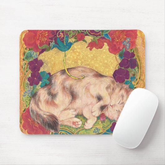  Golden Nap: Feline Serenity in Bloom Mousepad (Mit Mouse)