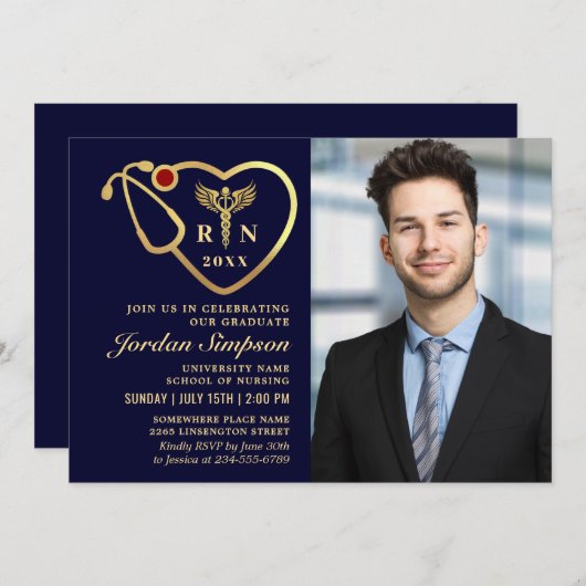 Golden Navy Moderne Nursing School Graduation Part Einladung (Vorne/Hinten)