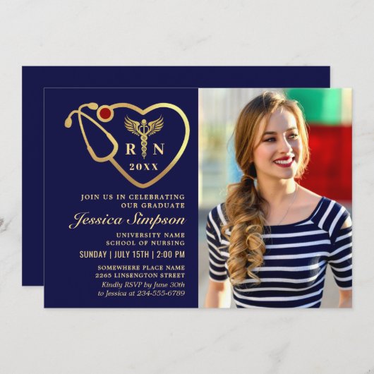 Golden Navy Moderne Nursing School Graduation Part Einladung (Vorne/Hinten)