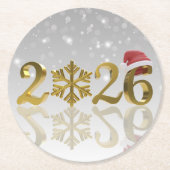 Golden New Year 2026 with Snowflake and Santa Hat Runder Pappuntersetzer (Vorderseite)