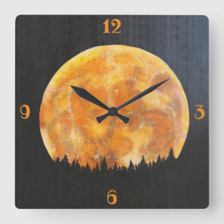 Golden Night Full Moon Over The Pine Forest Quadratische Wanduhr