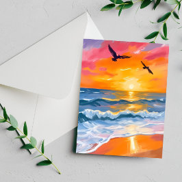 Golden Ocean Sunset Watercolor Beach Painting Card