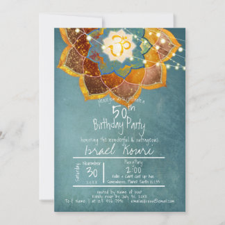 Golden Om Blume Mandala Design 50. Geburtstag Aqua Einladung
