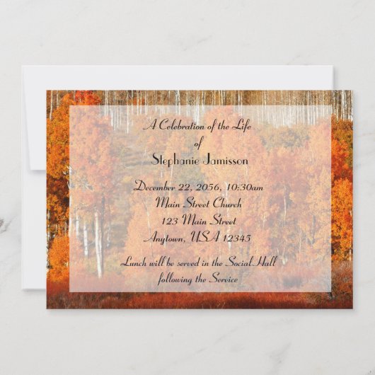 Golden Orange Aspens Herbst Feier des Lebens Einladung (Rückseite)