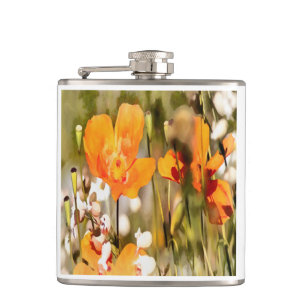 Golden Orange California Poppy Akryllische Malerei Flachmann