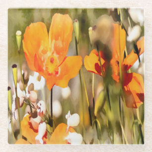 Golden Orange California Poppy Akryllische Malerei Glasuntersetzer