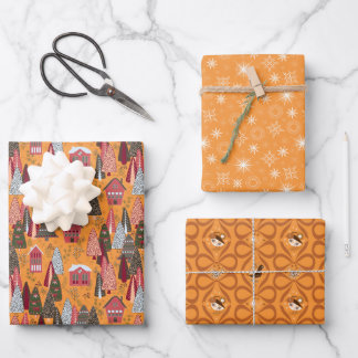 Golden Orange Christmas Forest Village Birds Geschenkpapier Set