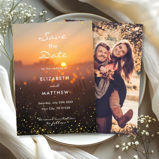 Golden Orange Sunset Fireflies Country Wedding Save The Date