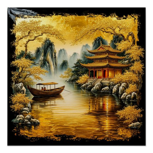Golden Oriental Lake mit Pagoda Poster (Vorderseite)