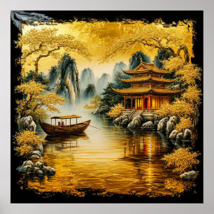 Golden Oriental Lake mit Pagoda Poster