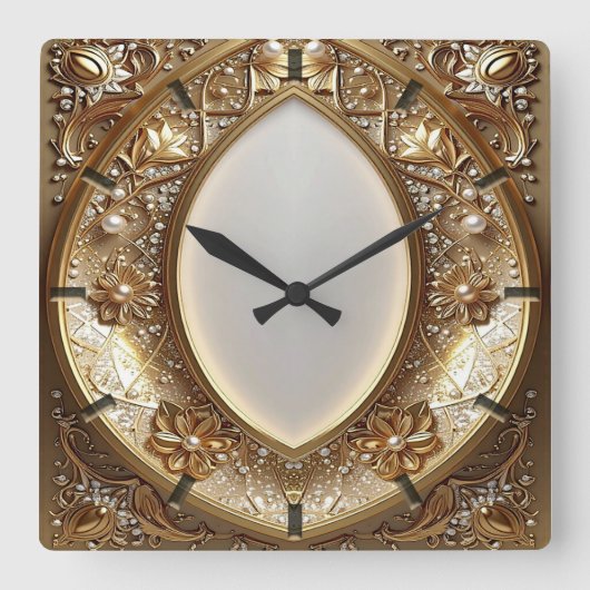 Golden Ornate Frame Wall Clock Quadratische Wanduhr (Vorderseite)