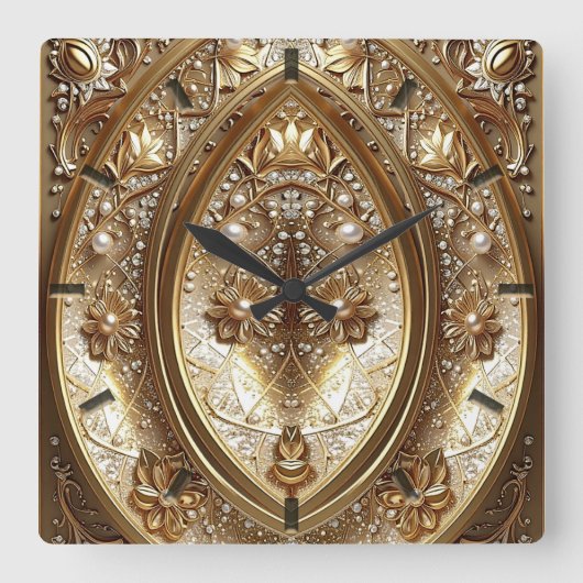 Golden Ornate Frame Wall Clock Quadratische Wanduhr (Vorderseite)