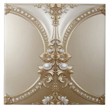 Golden Ornate Frame with Pearls Ceramic Tile