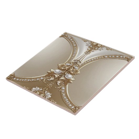 Golden Ornate Frame with Pearls Ceramic Tile Fliese (Seite)