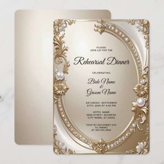 Golden Ornate Frame with Pearls Rehearsal Dinner Einladung (Vorne/Hinten)