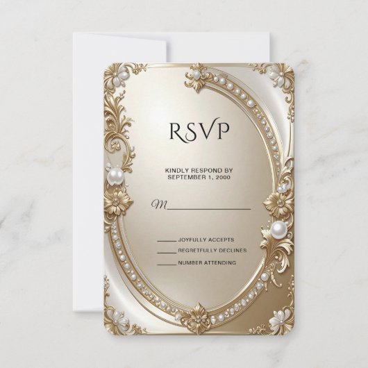 Golden Ornate Frame with Pearls RSVP Card Karte (Vorderseite)