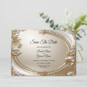 Golden Ornate Frame with Pearls Save The Date (Stehend Vorderseite)