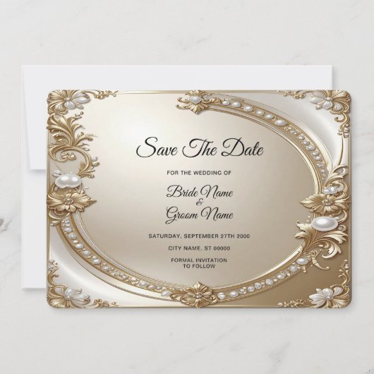 Golden Ornate Frame with Pearls Save The Date (Vorderseite)