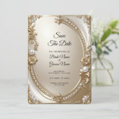 Golden Ornate Frame with Pearls Save the Date (Stehend Vorderseite)