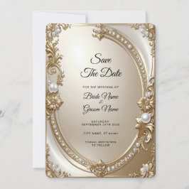 Golden Ornate Frame with Pearls Save the Date