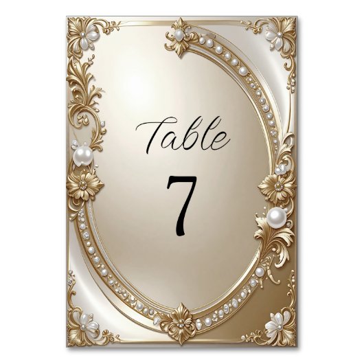 Golden Ornate Frame with Pearls Table Number Tischnummer (Vorderseite)
