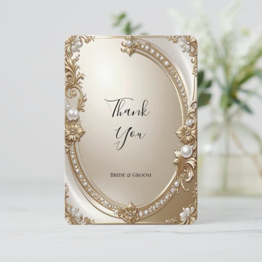 Golden Ornate Frame with Pearls Thank You Card Dankeskarte (Stehend Vorderseite)