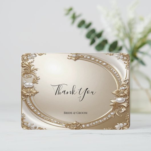 Golden Ornate Frame with Pearls Thank You Card Dankeskarte (Stehend Vorderseite)