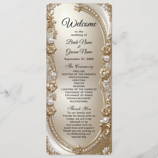 Golden Ornate Frame with Pearls Wedding Program Programm (Vorderseite)