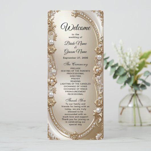 Golden Ornate Frame with Pearls Wedding Program Programm (Stehend Vorderseite)