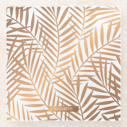 Golden Palm Tree Leaf Muster Glasuntersetzer (Vorderseite)