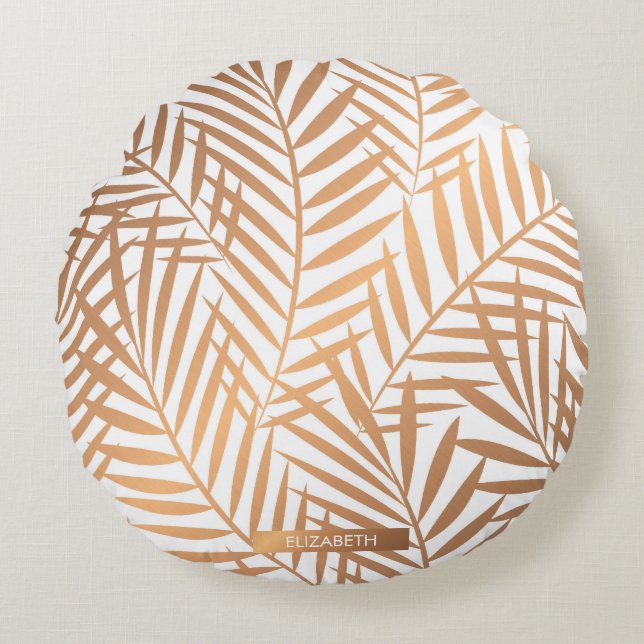 Golden Palm Tree Leaf Muster Rundes Kissen (Vorderseite)
