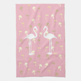Golden Palm Trees Zwei weiße Flamingo Vögel Geschirrtuch