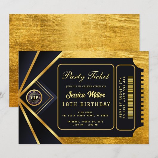 Golden Party Ticket Invitation Einladung (Vorne/Hinten)