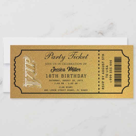Golden Party Ticket Invitation Einladung (Vorderseite)