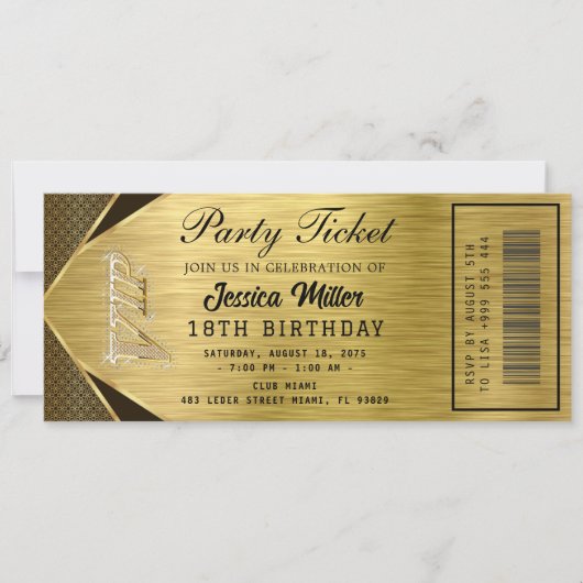 Golden Party Ticket Invitation Einladung (Vorderseite)