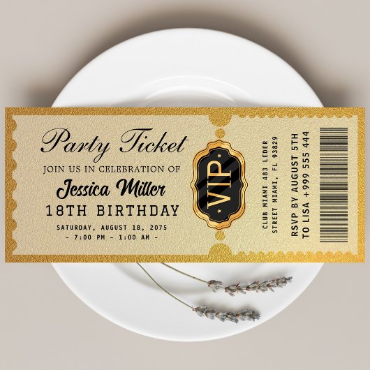 Golden Party Ticket Invitation Einladung