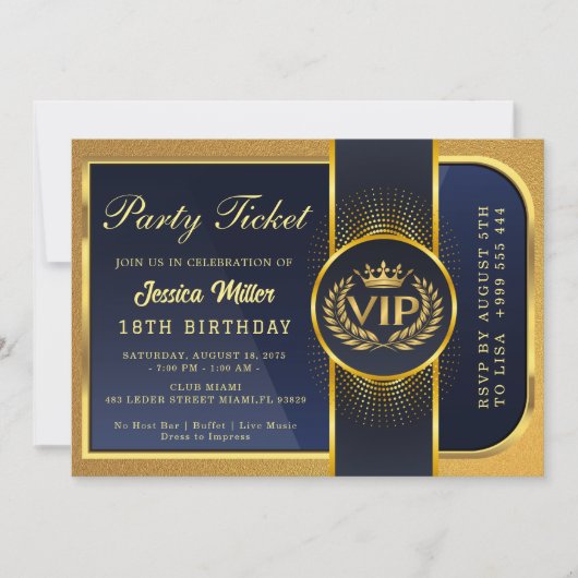 Golden Party Ticket Invitation Einladung (Vorderseite)