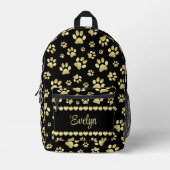 Golden Paw Prints on Black with Custom Name Bedruckter Rucksack (Vorderseite)