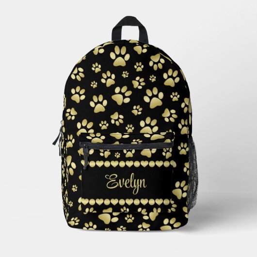 Golden Paw Prints on Black with Custom Name Bedruckter Rucksack (Vorderseite)
