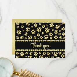 Golden Paw Prints on Black with Custom Name Dankeskarte