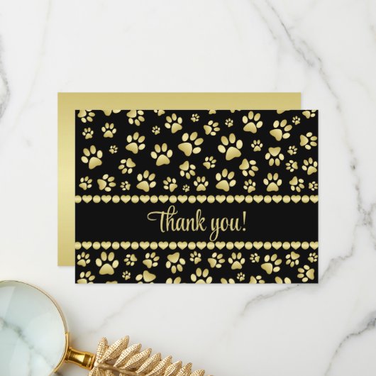 Golden Paw Prints on Black with Custom Name Dankeskarte (Vorderseite/Rückseite Beispiel)