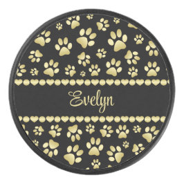 Golden Paw Prints on Black with Custom Name Eishockey Puck
