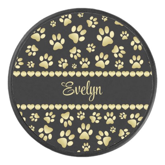Golden Paw Prints on Black with Custom Name Eishockey Puck (Vorderseite)