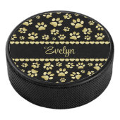 Golden Paw Prints on Black with Custom Name Eishockey Puck (3/4)