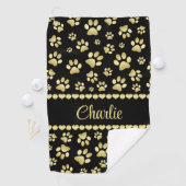 Golden Paw Prints on Black with Custom Name Golfhandtuch (Insitu)