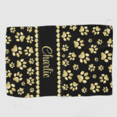 Golden Paw Prints on Black with Custom Name Golfhandtuch (Horizontal)