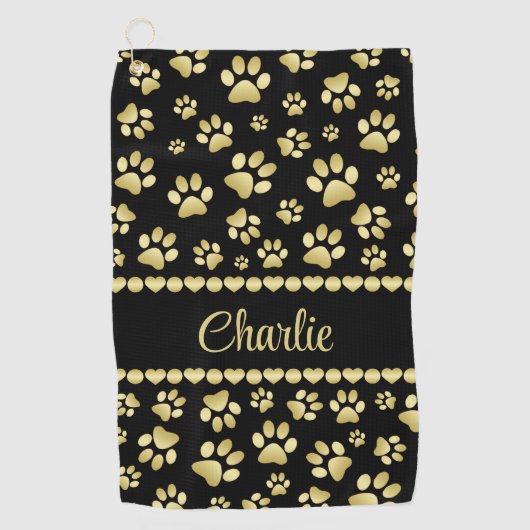 Golden Paw Prints on Black with Custom Name Golfhandtuch (Vorderseite)