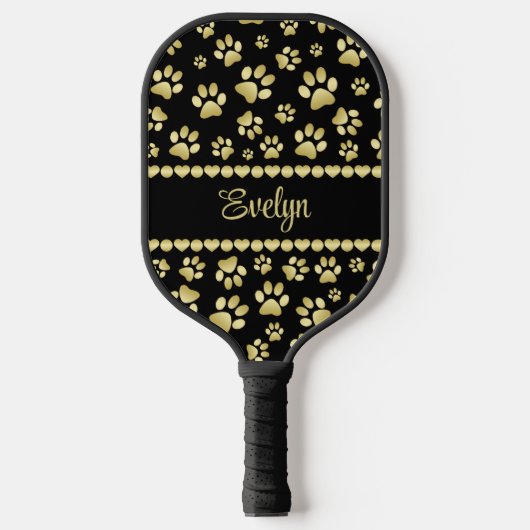 Golden Paw Prints on Black with Custom Name Pickleball Schläger (Vorderseite)