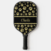 Golden Paw Prints on Black with Custom Name Pickleball Schläger (Rückseite)